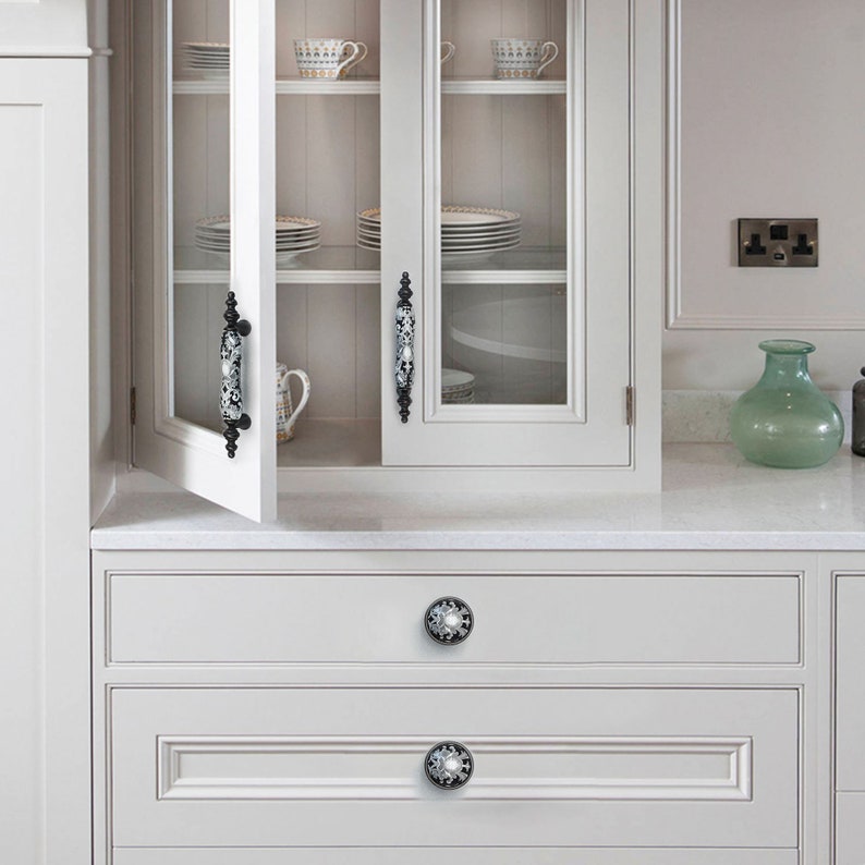 3Flower Ceramic Knob Handles Dresser Pull Drawer Pulls Handles Antique Black White Porcelain Handle Kitchen Cabinet Pulls Handles LBFEEL image 9