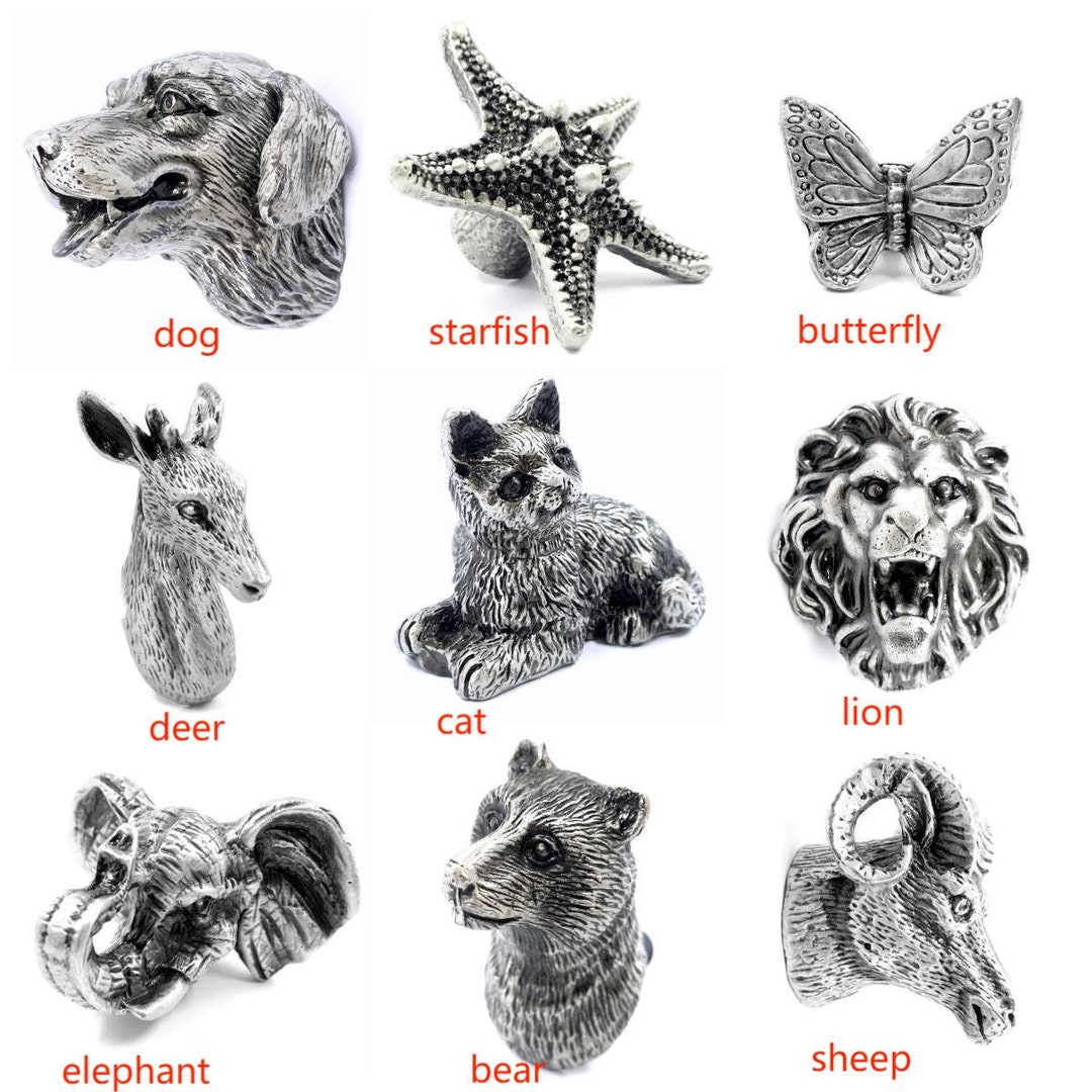 Antique Silver Dresser Knobs Drawer Knobs Animal Knobs Deer Bear Dog Lion Elephant Sheep
