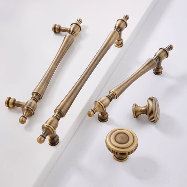 Antique Bronze Cabinet Pulls Solid Brass Drawer Pulls Knobs Retro Kitchen Handles Vintage Cupboard Pulls Wardrobe Closet Handles 3.78"5"6.3"