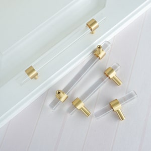 Custom Acrylic Clear Brass Kitchen Cabinet Door Handles Lucite Drawer Pull T Bar Knobs Gold Dresser Pull Handle Gold Kitchen Hardware LBFEEL