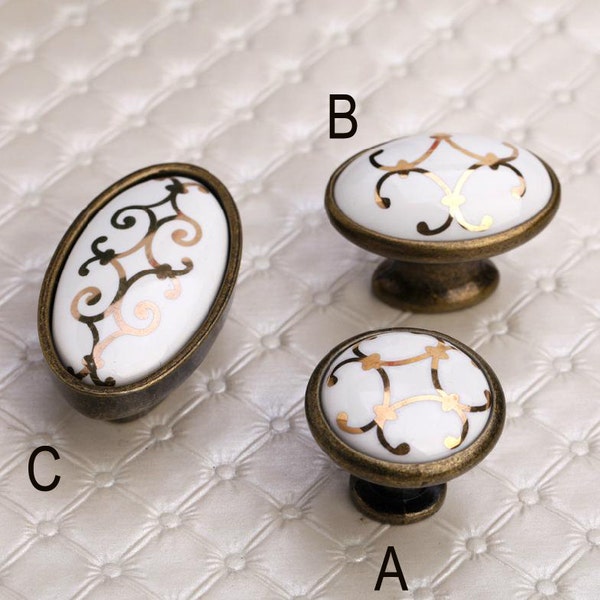 Oval Ceramic Dresser Knobs Vintage Drawer Knob Pulls White Gold Cabinet Knobs Antique Bronze Porcelain Door Knob Furniture Hardware LBFEEL