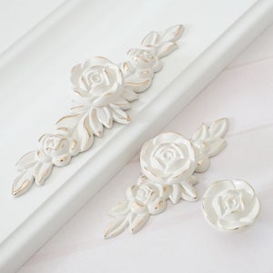 Cream White Silver Gold Flower Drawer Knobs Shabby Chic Dresser Pulls Rose Pulls Cabinet Door Handles Knobs Closet BackPlate Pulls LBFEEL