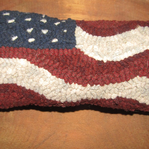 Primitive Hooked Rug ~  Flag Pillow , Folk Art, Americana Finished 12" X 5 "