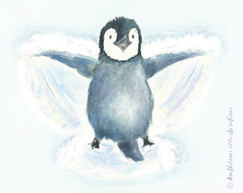 May include: A watercolor illustration of a penguin making a snow angel. The penguin is primarily gray and white, with its wings spread wide in a joyful pose. The background is a soft, light blue.