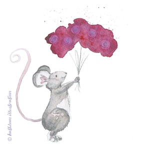 Carte de voeux souris avec fleurs, carte de Saint-Valentin, carte de fête des mères, carte de remerciement, carte d'anniversaire (vierge à l'intérieur)
