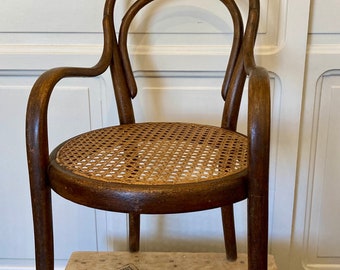 antique french armchair 1900 child collection type Thonet France curved wood round wood armrest cane