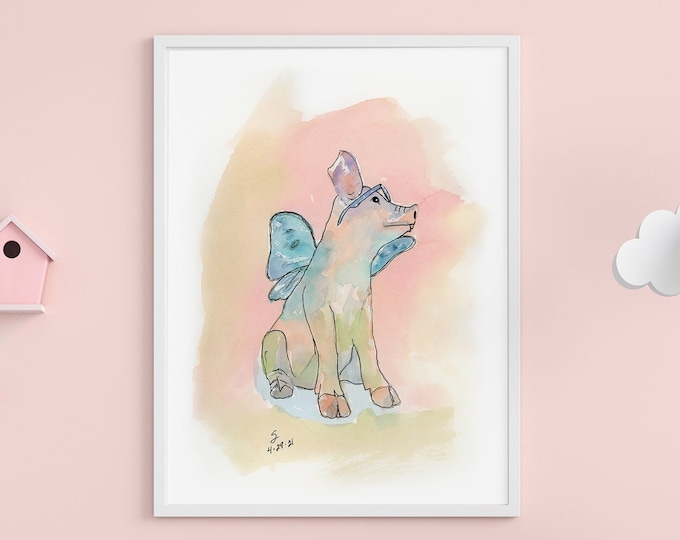 Featured listing image: Pigs Fly Poster Watercolor, Nursery Art Print, Kids Wall Art Decor, Playroom Poster Unframed