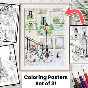 Set of 3 Paris Coloring Posters 16 x 20in - Eiffel Tower, Cafes, Buildings Adult and Kid's Coloring Sheets - Travel Themed Home Decor