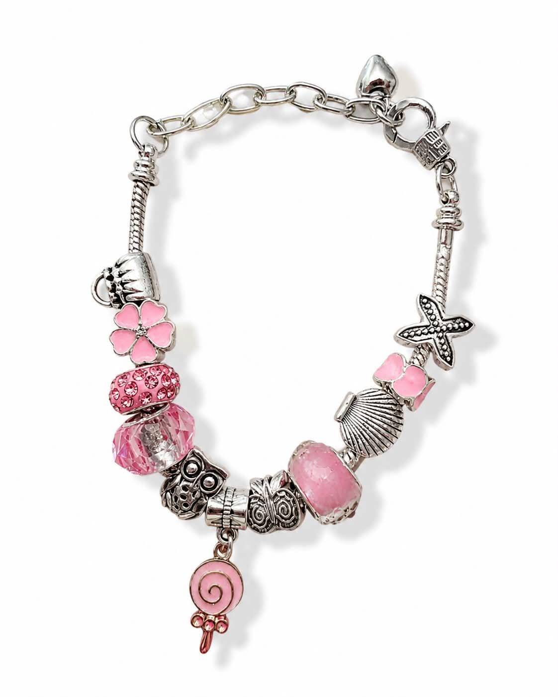 Pink Floral Charm Bracelet | Owl, Shell, Starfish Beads