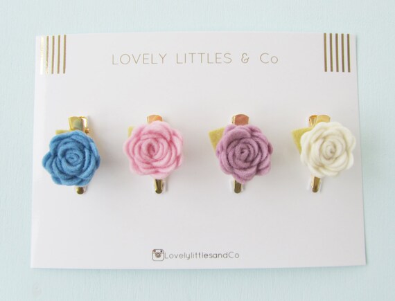 Mini Rose Hair Clip Set 100 Wool Felt Set On Gold Alligator Clip Cream Ascot Pink Lilac And Cowboy Blue