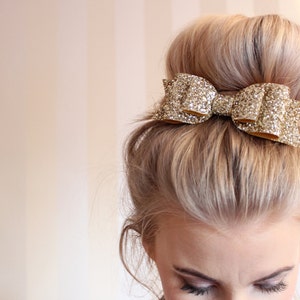 Oversized Large pale gold glitter fabric bow hair clip For children and Adults image 1