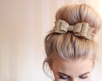 Oversized Large pale gold glitter fabric bow hair clip!!! For children and Adults