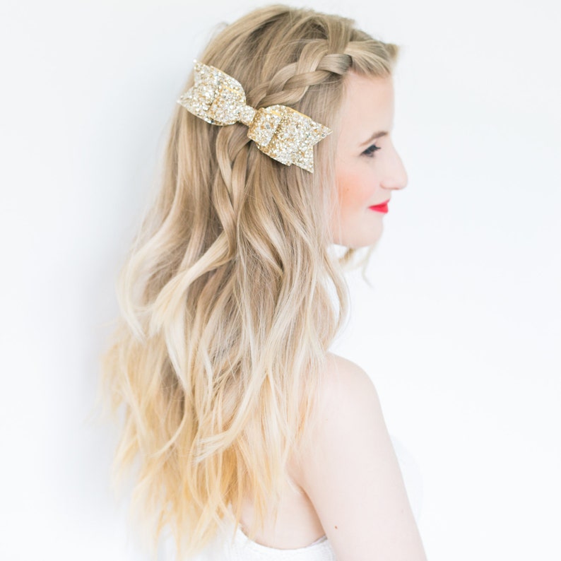 Oversized Large pale gold glitter fabric bow hair clip For children and Adults image 2