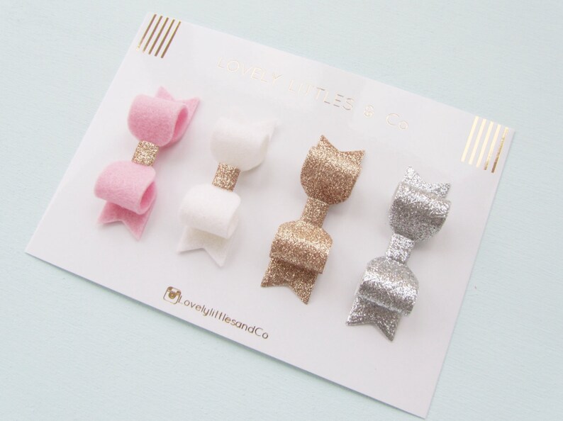 White and Pink 100/% Wool Felt Silver Girlbaby Fine Glitter Fabric and Wool Felt mini hair bow clip set Gold