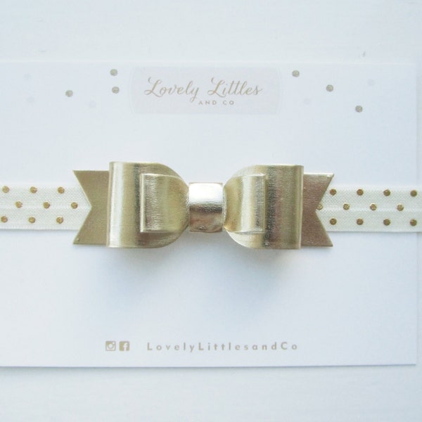 Girl/baby Gold Metallic fabric hair bow on gold spot/dot Cream foe foldover elastic