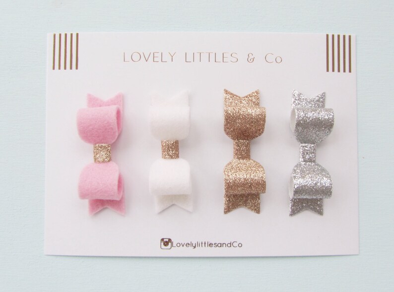White and Pink 100/% Wool Felt Silver Girlbaby Fine Glitter Fabric and Wool Felt mini hair bow clip set Gold
