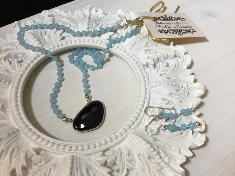 Hand Knotted On Silk Reduced-Aqua Quartz /& Black Onyx Set