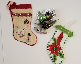 MCM Small Japan Christmas Stocking, Felt Stocking, & Vintage Handmade Christmas Corsage with Mercury Balls and Sugar Bells