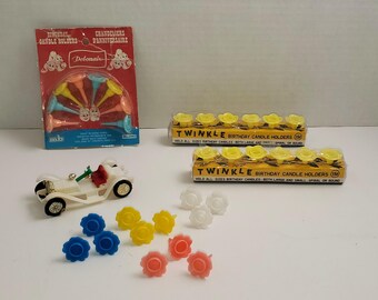 Vintage Birthday Cake Candle Holders NIB and Car Decoration