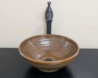 Handmade Stoneware Vessel Sink: Rose & Carmel Glaze, Cabin Rustic Bathroom