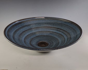 E. C. Racicot Art Sink Handmade Stoneware Pottery Cabin Rustic Country bathroom Vessel bowl sink basin, Rustic Blue Glaze. 15.25"W x 4-3/8"H
