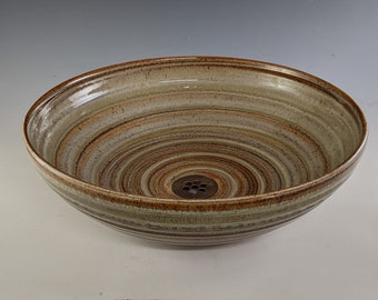 E. C. Racicot Art Sink Handmade Stoneware Pottery Cabin Rustic Country bathroom Vessel bowl sink basin, in Honey Rose Glaze 15.25"W x 4.75"H