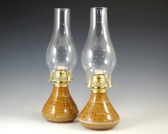 PAIR of Fully functional Oil Lamps in Rutile glaze. Cabin rustic handmade accent lamps add ambiance to your home.   Apx 14"H x 4.5 " W