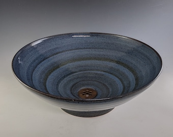 E. C. Racicot Art Sink Handmade Stoneware Pottery Cabin Rustic Country bathroom Vessel bowl sink basin in Rustic Blue Apx. 15-7/8"W x 5.75"H