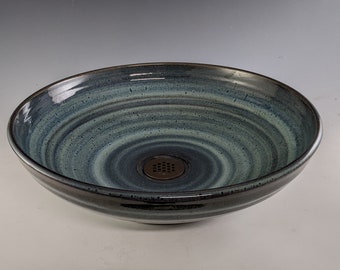 E. C. Racicot Art Sink Handmade Stoneware Pottery Cabin Rustic Country bathroom Vessel bowl sink basin in F-85 Blue Glaze. APX 15"W x 4.5"H