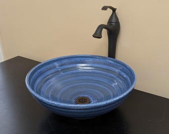 Handmade Stoneware Vessel Sink: Modern Rustic Blue Glaze