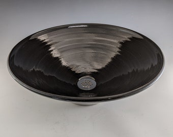 E. C. Racicot Art Sink Handmade Stoneware Pottery Cabin Rustic Country bathroom Vessel bowl sink basin in Mica Black Glaze 15"W x 5.5"H