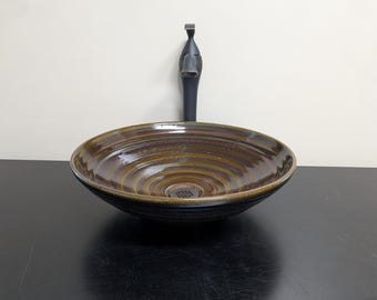 Handmade Stoneware Vessel Sink, Louisiana Bayou Glaze, Rustic Modern Pottery