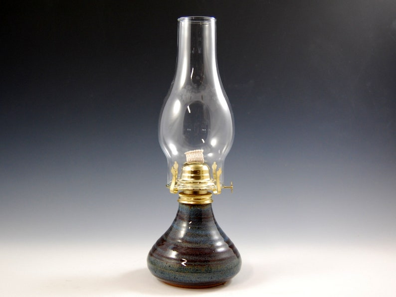 Fully functional Oil Lamp in Broken Blue glaze this rustic handmade accent lamp would make a great housewarming gift Apx 14H x 4.5 W