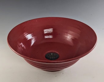 E. C. Racicot Art Sink Handmade Stoneware Pottery Cabin Rustic Country bathroom Vessel bowl sink basin Torch Red Glaze - 12-7/8"W x 4-7/8"H