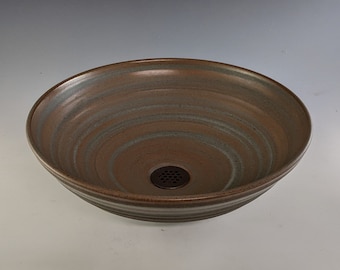 E. C. Racicot Art Sink Handmade Stoneware Pottery Cabin Rustic Country bathroom Vessel bowl sink basin, SC Blue Glaze Apx. 14.75"W x 4.75"H