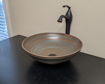 Handmade Stoneware Vessel Sink, Blue Glaze Pottery - 14.75"