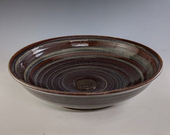 E. C. Racicot Art Sink Handmade Stoneware Pottery Cabin Rustic Country bathroom Vessel bowl sink basin, Merlot & Olive Glaze - 15"W x 3.38"H