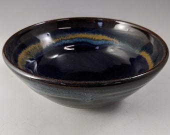 Mottled Blue & Cobalt glazed stoneware soup, cereal bowl - Handmade stoneware rustic country 70's pottery. oven safe. Apx 6.38"W x 2.38"H