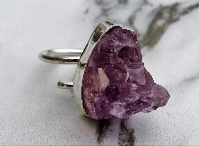 sterling silver ring amethyst geode ring Raw amethyst statement ring adjustable ring