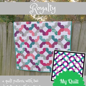 May include: A quilt pattern called "Royalty" with two variations in three sizes by Kelly Young. The quilt is made with a variety of fabrics in shades of pink, purple, teal, and grey. The pattern features a geometric design with interlocking shapes.