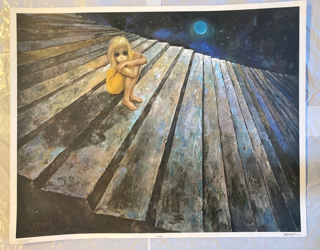 Keane Alone BIG EYES Vintage Lithograph Litho Margaret Keane 1960s