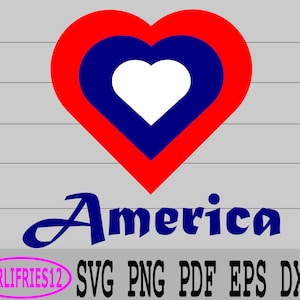 May include: A red, white, and blue heart with the word "America" written in blue below it. The heart is made up of three concentric circles, with the outer circle being red, the middle circle being blue, and the inner circle being white.