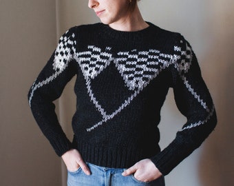 80's Black and White Ski Sweater | Vintage Geometric Knit Pullover