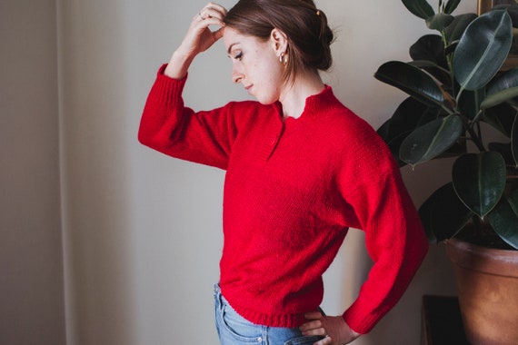 70's Ski Sweater | Vintage Red Stand Collar Knit … - image 4