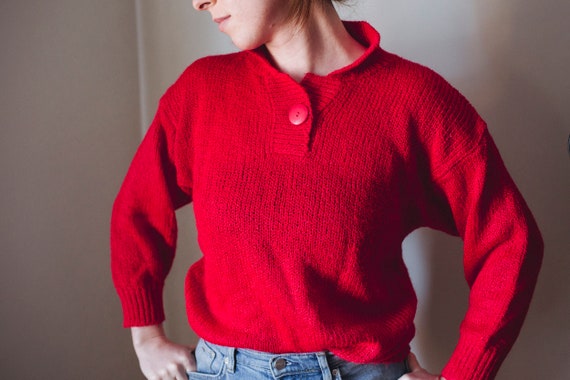 70's Ski Sweater | Vintage Red Stand Collar Knit … - image 3