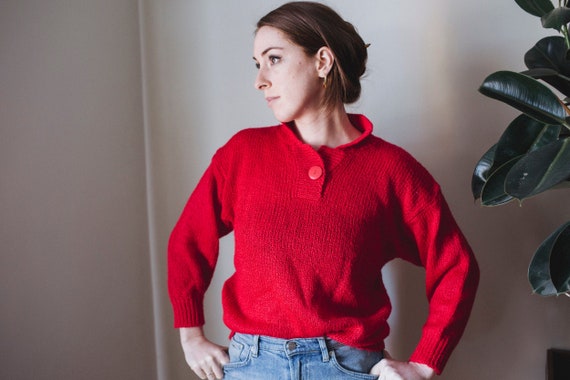 70's Ski Sweater | Vintage Red Stand Collar Knit … - image 1