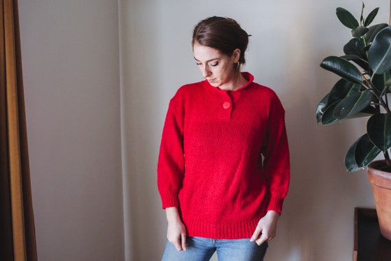 70's Ski Sweater | Vintage Red Stand Collar Knit … - image 2