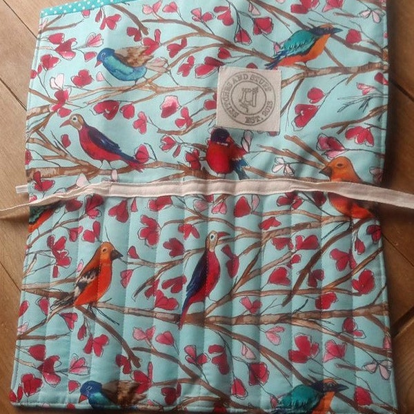 Knitting needle organizer, blue, birds and blossom fabric, gift for crafter