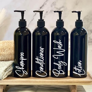 4 Black Bathroom Bottles Set | Refillable Bottles | Bnb Décor | Shampoo Conditioner Bottles | Modern Bathroom | Bathroom Storage | Spa Décor
