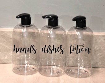 Reusable Hands Dishes Lotion dispensers | Clear Dispensers for Kitchen | Soap Pump Dispenser | Labelled refillable bottles | Kitchen storage